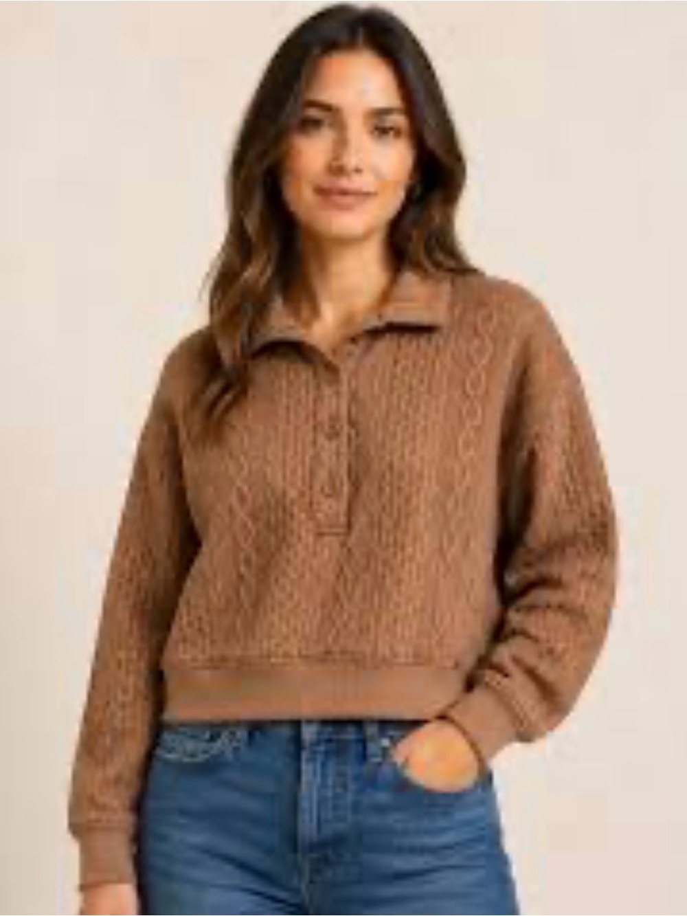 American Eagle Cable Knit Cropped Caramel Sweater Cozy Soft Collared Womens S E9